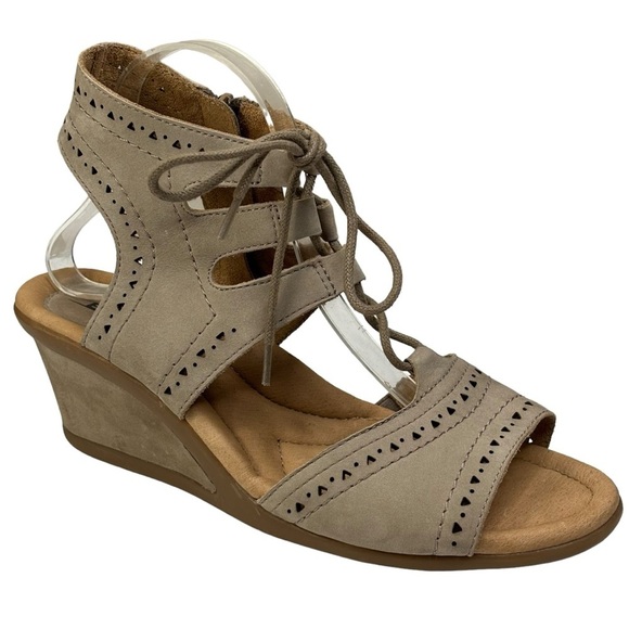 earth Taupe Beige Leather Suede Boho Open Toe Lace 2.5” Wedge Bootie Size 9.5 W - Picture 1 of 9